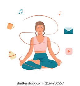Blonde curly girl sitting lotus pose meditating, notes, music, mail, cake surround on white background