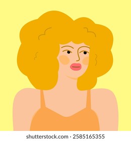 blonde curly hair woman, portrait illustration, vector, flat style