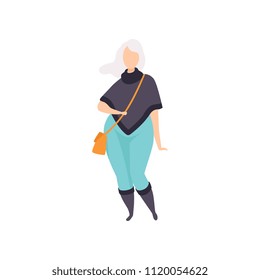 Blonde curvy, overweight girl in fashionable clothes, beautiful plus size fashion woman, body positive vector Illustration on a white background