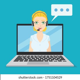 Blonde customer service woman on notebook screen.