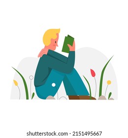 Blonde cute boy reading attentive a book. Literature lover fascinated with textbook content cartoon vector illustration