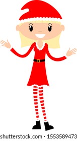 Blonde cute female Santa Claus character standing in red Christmas outfit. Festive girl woman cartoon on clear background celebrating holiday season.  