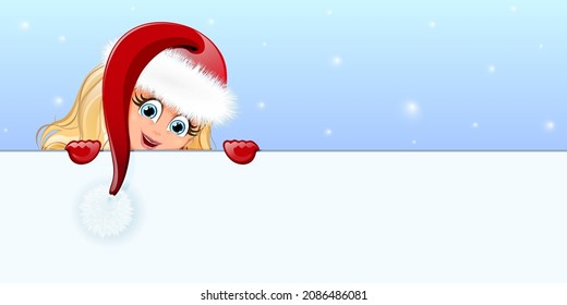 Blonde cute girl in Santa hat and mittens behind copy space board