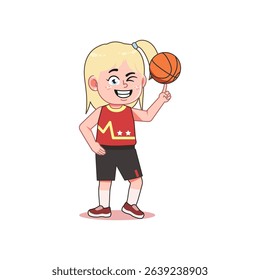 Blonde Cute Little Girl Cartoon Playing Basketball Spinning Ball
