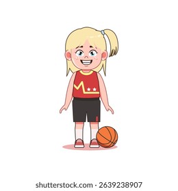 Blonde Cute Little Girl Cartoon Playing Basketball