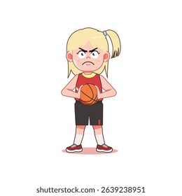Blonde Cute Little Girl Cartoon Playing Basketball Hold Ball