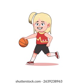 Blonde Cute Little Girl Cartoon Playing Basketball Dribble