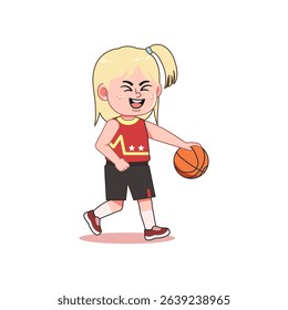 Blonde Cute Little Girl Cartoon Playing Basketball Happy Dribbling