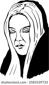 Blonde, dazzlingly - doubtfully surprised, in a black coat with a hood. Female avatar, black and white line drawing