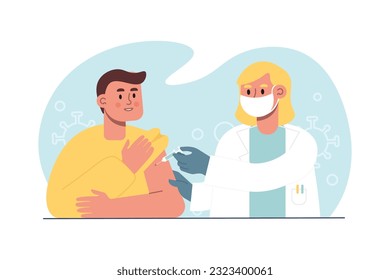Blonde doctor gives intramuscular shot of vaccine to patient. Time for getting vaccines. Flu, influenza or coronavirus vaccination. Boosting immune system health. Vector