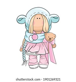 blonde doll in a sheep hat with a bear in her hands