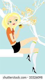 blonde is drinking tea on a background flowers
