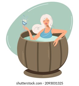 The blonde is drinking wine in a hot tub. Woman sitting in a hot font. Girl with a glass of wine in the sauna. Isolated flat vector. Female character bathes in a wooden barrel of champagne. Home Spa