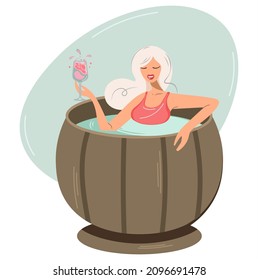 The blonde is drinking wine in a hot tub. Woman sitting in a hot font. Girl with a glass of wine in the sauna. Isolated flat vector. Female character bathes in a wooden barrel of champagne. Home Spa