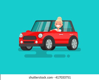 Blonde Driving A Car. Vector Illustration