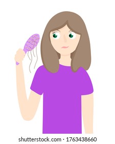 A blonde European girl is holding a comb with fallen hair. Female hair loss. baldness and hair problems.