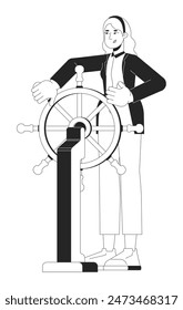 Blonde european woman at steering wheel 2D linear cartoon character. Brave caucasian female leader isolated vector outline person. Controlling situation monochromatic flat spot illustration