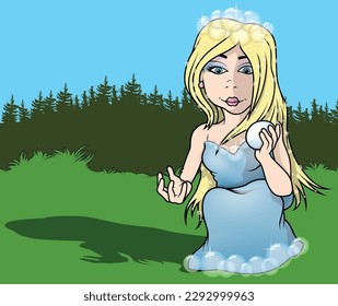 Blonde Fairy in a Blue Dress with a Pearl in Her Hand - Colored Cartoon Illustration with Background, Vector