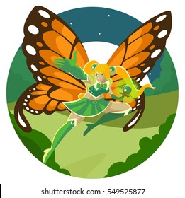 blonde fairy with buttefly wings and magic staff in the woods