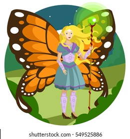 blonde fairy with buttefly wings and magic staff in the woods