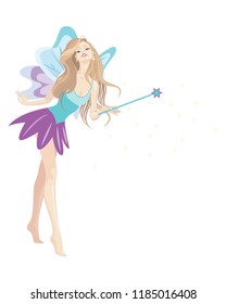 blonde fairy girl with long hair , wings and wand , vector cartoon illustration blue and purple outfit 