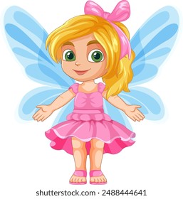 Blonde fairy in pink dress with blue wings