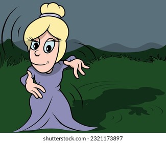 Blonde Fairy in a Purple Dress Conjures - Colored Cartoon Illustration with Background, Vector