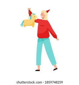 Blonde Female in Birthday Hat Hanging Pinata Toy Vector Illustration