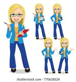 Blonde female business woman posing. Business woman holding pen vector. Business woman holding book vector.