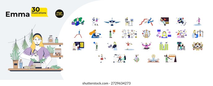 Personagem feminina loira com trabalho, hobbies e ilustrações de desenhos animados de lazer mega pacote. Remédios, Oktoberfest, finanças, emprego 2D imagens isoladas no branco. Coleção de desenhos vetoriais coloridos