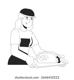 Trabalhadora loira do fastfood do sexo feminino servindo taco na bandeja 2D caractere de linha. Mulher caucasiana usando boné, fast food fornecedor isolado vetor tinta contorno pessoa. Ilustração de ponto monocromático