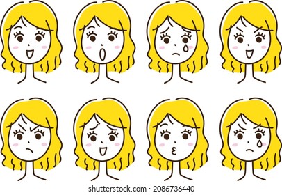 Blonde female illustration set with various facial expressions of emotions (hand-painted)