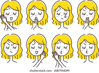 Blonde female illustration set with various facial expressions of emotions (hand-painted)