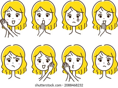 Blonde female illustration set with various facial expressions of emotions (hand-painted)