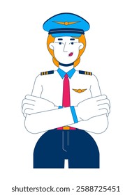 Blonde female pilot in uniform 2D cartoon character. Airline captain caucasian woman standing confidently with arms crossed isolated person flat vector on white background. Spot illustration colorful