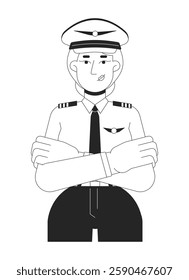 Blonde female pilot in uniform black and white 2D line character. Airline captain caucasian woman standing confidently with arms crossed isolated vector outline person. Monochromatic spot illustration