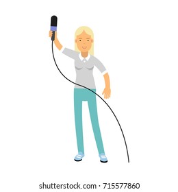 Blonde female reporter character standing with a raised microphone, journalist doing report vector Illustration