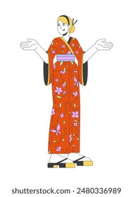 Blonde female tourist renting kimono in Japan 2D linear cartoon character. Caucasian woman foreigner in yukata isolated line vector person white background. Traveler lady color flat spot illustration