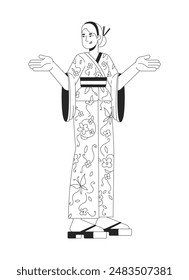 Blonde female tourist renting kimono in Japan black and white 2D line cartoon character. Caucasian woman foreigner in yukata isolated vector outline person. Monochromatic flat spot illustration