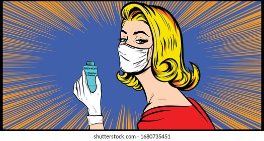 Blonde Female wearing mask holding bottle for pills, treatment for coronavirus (COVID-19). Pop Art, Vector illustration in retro comic book vintage style