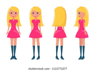 Blonde in feminine pink dress and high heeled boots. Casual elegant looks of young girl from all sides. Female character with stylish clothes vector.