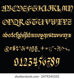 Blonde Fraktur Font, Alphabet, Golden Capital Letters, Uppercase Letter, Golden Numbers and Symbols