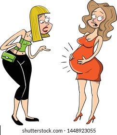 Blonde friend asking pregnant lady about her big belly with a baby inside