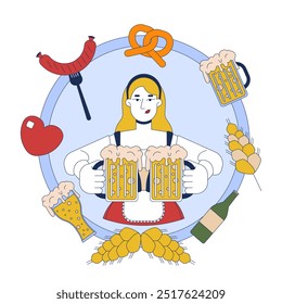 Camarera rubia alemana con tazas de cerveza en concepto de ilustración 2D marco. Mujer caucásica en el personaje de dibujos animados oktoberfest aislado en blanco. Metáfora del evento cultural Vector plano abstracto gráfico