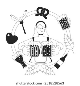 Blonde german waitress with beer mugs in frame black and white 2D illustration concept. Caucasian woman at oktoberfest outline character isolated. Cultural event metaphor monochrome vector art