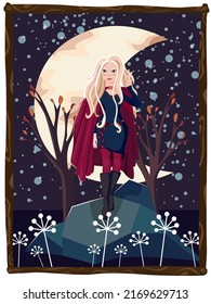 Blonde girl against the background of the moon and the night starry sky with trees.