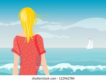 Blonde girl awaiting the homecoming ship