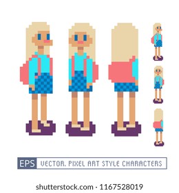 Blonde girl with a backpack. Looping sequence. Happy student in school pixel art character. Isolated vector illustration.  8-bit. Design for stickers, app, game developers and motion graphics.