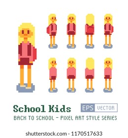 Blonde girl with a backpack. Student in school pixel art character. Looping sequence. Rear view from the front and side. 8-bit. Design for app, game developers and motion graphics. Isolated vector.