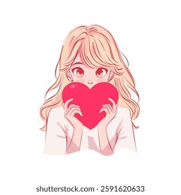 Blonde girl with bang long hairstyle holds red heart. Anime manga kawaii style portrait. Sunset light scene.